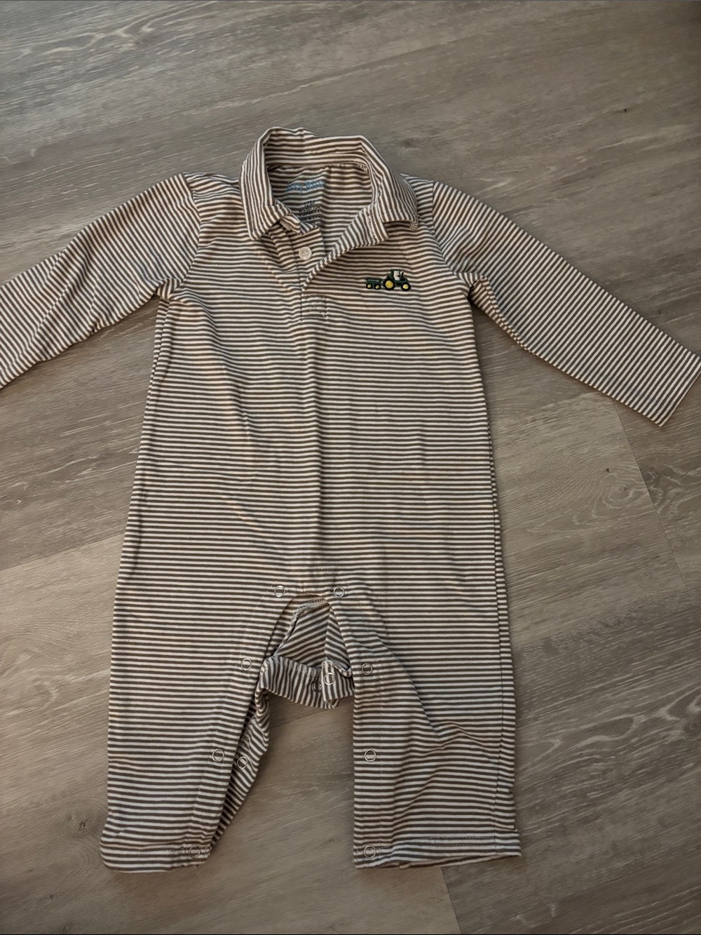 Itsy Bitsy Striped Beige and White Long-Sleeve Baby Romper with Tractor Motif